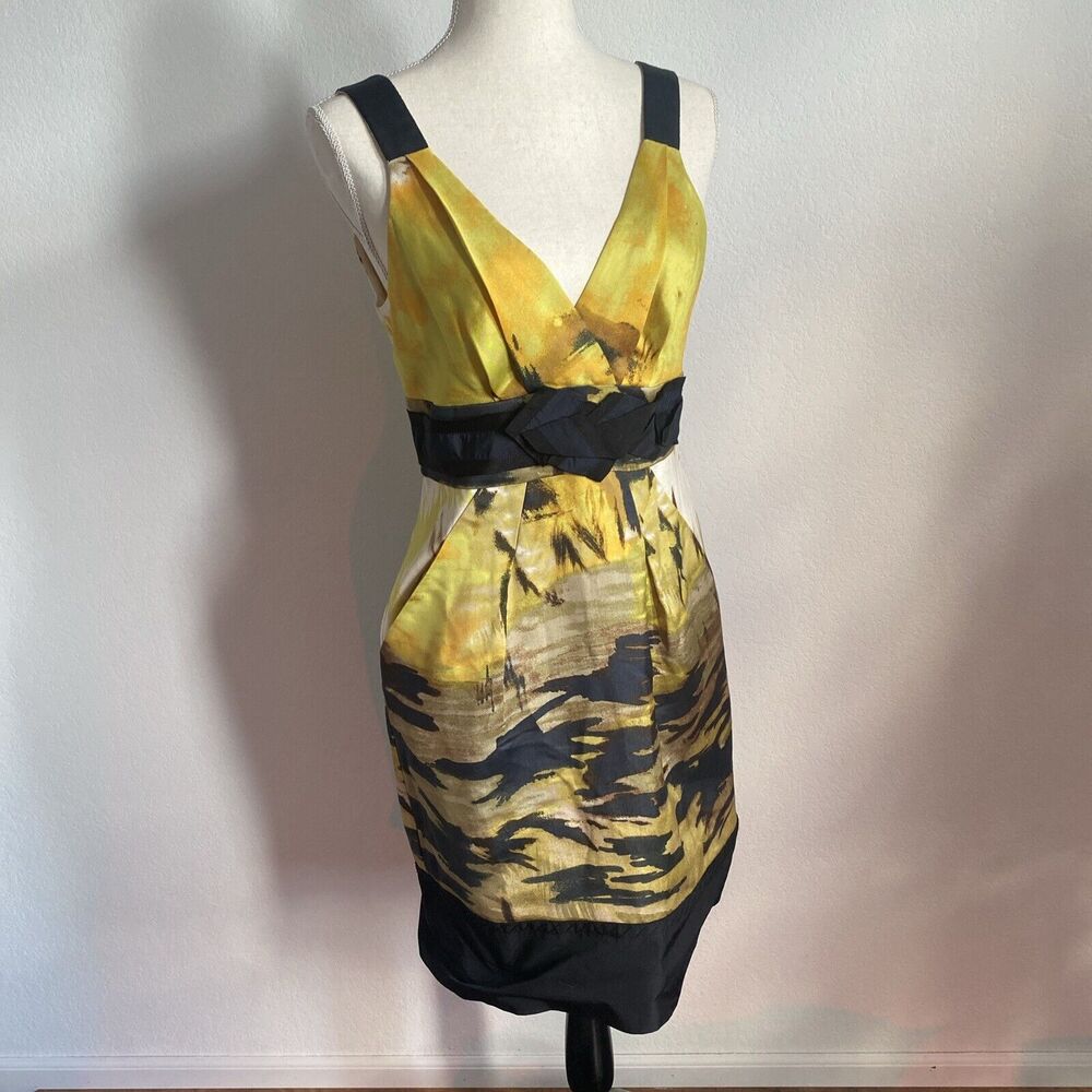 BCBG MaxAzria Mini Dress Silk & Wool Yellow/Black Abstract Camo Dress Sz 6